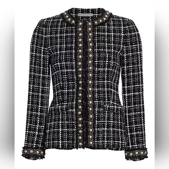 Alice + Olivia carmen' Pearl Embellished Check Plaid Blazer SIZE 12 NWT $795 - Picture 6 of 16